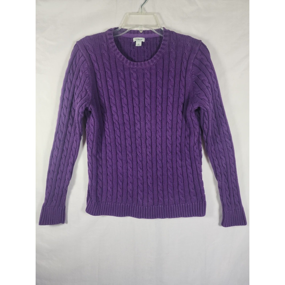 LL Bean Women M Purple Cable Knit Sweater Crewneck 100% Cotton Fisherman Pullove